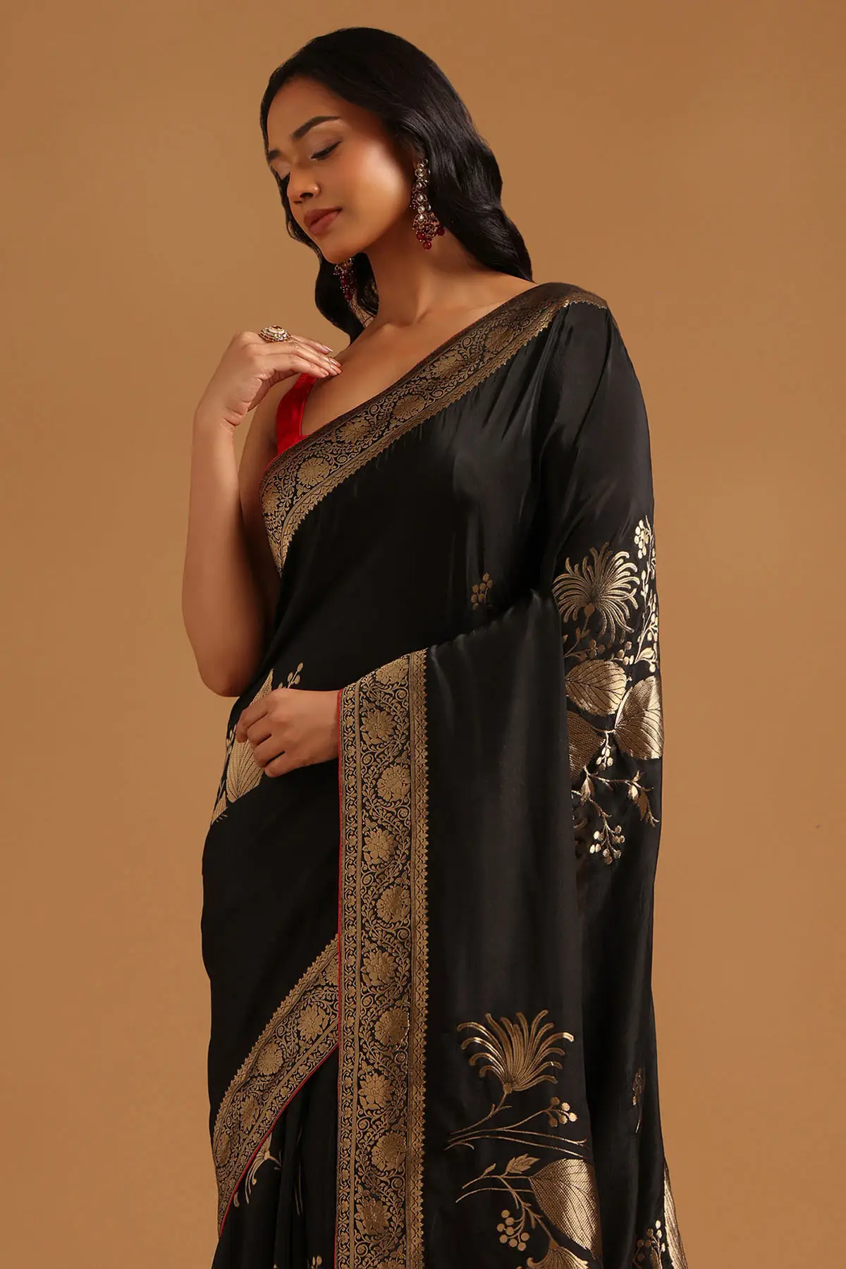 Black Silk Botanical Saree With Zari Woven Work